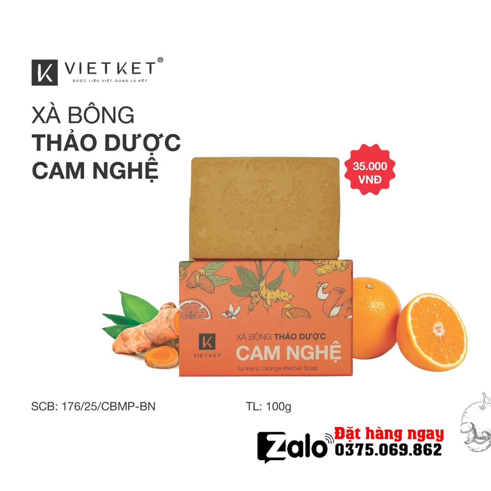 Xà Bông Tắm Thảo Dược Cam Nghệ VIETKET 100g Làm Sạch, Giảm Mụn, Sáng Da, Duy Trì Độ Ẩm
